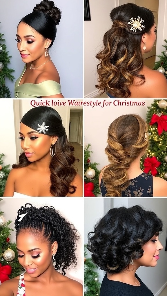 Quick Weave Christmas Hairstyles A collection of stylish quick weave hairstyles for Christmas, featuring elegant updos and loose waves.